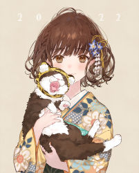 Rule 34 | 1girl, 2022, animal, animal ear fluff, animal ears, animal hood, beige background, blunt bangs, blush, bob cut, brown eyes, brown hair, cat, chinese zodiac, closed eyes, closed mouth, clothed animal, fake animal ears, fangs, fingernails, floral print, flower, furisode, hair flower, hair ornament, highres, holding, holding animal, hood, hood up, horiizumi inko, japanese clothes, kanzashi, kimono, looking at viewer, nail polish, obi, original, pink nails, sash, short hair, simple background, smile, tiger hood, tongue, tongue out, wavy hair, yawning, year of the tiger, yellow kimono