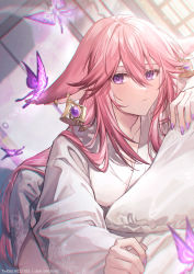 Rule 34 | 1girl, breasts, bug, butterfly, closed mouth, commentary request, coyucom, dutch angle, genshin impact, hair between eyes, highres, indoors, insect, japanese clothes, kimono, long hair, long sleeves, looking at viewer, lying, nail polish, on bed, on stomach, pillow, pink hair, pixiv id, purple butterfly, purple nails, solo, twitter username, very long hair, white kimono, yae miko