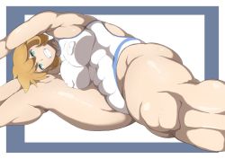 Rule 34 | 1girl, blush, breasts, creatures (company), curvy, game freak, huge breasts, large breasts, legs, looking at viewer, misty (pokemon), mouth hold, naughty face, nintendo, nipples, one-piece swimsuit, orange hair, oryutoo, plump, pokemon, pokemon hgss, shiny skin, spread legs, standing, swimsuit, thick thighs, thighs