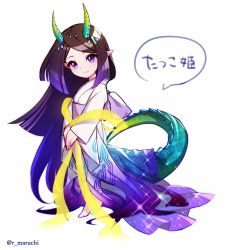 Rule 34 | 1girl, bad id, bad twitter id, barefoot, blush, brown hair, closed mouth, from side, full body, highres, horns, japanese clothes, kimono, long hair, long sleeves, looking at viewer, maruchi, monster girl, obi, original, pointy ears, purple eyes, sash, smile, solo, standing, tail, translation request, very long hair