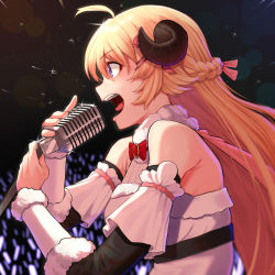 Rule 34 | 1girl, ahoge, blonde hair, braid, breasts, commentary, concert, detached sleeves, dress, from side, fur collar, glint, glowstick, hair between eyes, hair ornament, hair ribbon, hololive, horns, long hair, medium breasts, microphone, microphone stand, mikan (chipstar182), music, open mouth, profile, purple eyes, ribbed dress, ribbon, sheep horns, singing, solo, straight hair, sweat, teeth, tongue, tsunomaki watame, tsunomaki watame (1st costume), upper body, virtual youtuber, white dress
