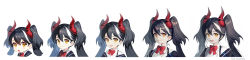 Rule 34 | 1girl, :d, :o, absurdres, artist name, black hair, bow, bowtie, buttons, center frills, character request, chibi, closed mouth, copyright request, frills, hair between eyes, highres, horns, long hair, long image, looking at viewer, multicolored hair, off shoulder, open mouth, portrait, progression, red bow, red bowtie, red horns, shirt, simple background, slit pupils, smile, soyoong jun, streaked hair, twintails, wavy mouth, white background, white hair, white shirt, wide image, yellow eyes