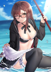 Rule 34 | 1girl, absurdres, apron, artoria pendragon (alter swimsuit rider) (fate), artoria pendragon (alter swimsuit rider) (fate) (cosplay), artoria pendragon (alter swimsuit rider) (second ascension) (fate), artoria pendragon (fate), beach, bikini, black bikini, black jacket, black thighhighs, blue sky, blush, braid, breasts, bridal garter, brown eyes, brown hair, choker, cleavage, closed mouth, collarbone, cosplay, day, earrings, fate/grand order, fate (series), frilled bikini, frilled choker, frills, glasses, highres, jacket, jewelry, large breasts, long hair, long sleeves, looking at viewer, maid, maid bikini, mop, multiple earrings, navel, ocean, one eye closed, open clothes, open jacket, open mouth, sidelocks, single braid, sitting, sky, swimsuit, thighhighs, thighs, unconventional maid, very long hair, waist apron, water, wet, white apron, yu mei-ren (fate), yufou