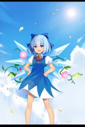 Rule 34 | 1girl, blue bow, blue dress, blue eyes, blue hair, blue sky, bow, cirno, cloud, dress, fairy, feet out of frame, flower, hand on own hip, hidden star in four seasons, highres, ice, ice wings, lens flare, open mouth, pink flower, sada (sadahalu), short hair, sky, solo, standing, sunflower, tanned cirno, touhou, wings