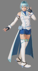 Rule 34 | 1girl, 3d, absurdres, belt pouch, blue hair, character name, dead or alive, dead or alive 6, fingerless gloves, full body, glasses, gloves, green eyes, grey background, hand up, high heels, highres, lips, looking at viewer, nico (doa), official art, pouch, short hair, shorts, simple background, smile, solo, standing, thighhighs