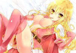Rule 34 | 1girl, bad id, bad pixiv id, bariko, belt, blonde hair, blush, boots, breasts, breasts out, dress, elbow gloves, finger to mouth, fire emblem, fire emblem: genealogy of the holy war, gloves, lachesis (fire emblem), large breasts, long hair, lying, navel, nintendo, nipples, on back, open clothes, open dress, pillow, pink dress, pink footwear, pink gloves, pink thighhighs, solo, thighhighs, yellow eyes