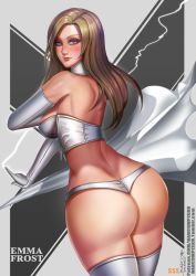 Rule 34 | 10s, 1girl, ass, back, badcompzero, bare back, bare shoulders, blonde hair, blue eyes, blush, breasts, character name, elbow gloves, emma frost, female focus, gloves, huge ass, lips, lipstick, long hair, looking at viewer, looking back, makeup, marvel, midriff, revealing clothes, smile, solo, thighhighs, thong, white thighhighs, x-men