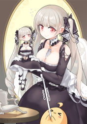 Rule 34 | &gt; &lt;, 2girls, absurdly long hair, azur lane, bare shoulders, between breasts, black dress, black footwear, black ribbon, breasts, chair, cleavage, clothing cutout, detached collar, dress, earrings, formidable (azur lane), frilled dress, frills, grey hair, hair ribbon, highres, hm (hmongt), holding, holding pole, jewelry, large breasts, long hair, mini person, minigirl, multiple girls, necktie, necktie between breasts, pantyhose, photo-referenced, pole, red eyes, ribbon, round table, shoulder cutout, smile, table, twintails, two-tone dress, two-tone ribbon, very long hair, white pantyhose, white ribbon