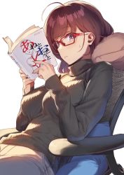 Rule 34 | 1girl, 92m, ahoge, book, breasts, brown hair, chair, copyright request, cover, cover page, denim, eyewear on head, glasses, hair behind ear, highres, holding, holding book, jeans, kinshi no ane (92m), light blush, long sleeves, looking at viewer, open book, pants, parted lips, red-framed eyewear, short hair, sideways glance, simple background, sitting, solo, sweatdrop, sweater, teeth, turtleneck, turtleneck sweater, white background