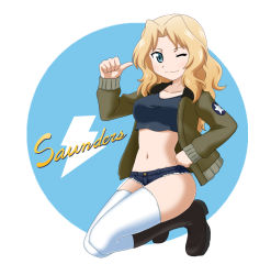 Rule 34 | 10s, 1girl, blonde hair, blue eyes, blush, boots, breasts, brown footwear, collarbone, crop top, cutoffs, denim, denim shorts, full body, girls und panzer, goriate, groin, hand on own hip, jacket, kay (girls und panzer), kneeling, long hair, looking at viewer, medium breasts, midriff, military, military uniform, navel, one eye closed, pointing, seiza, short shorts, shorts, sitting, smile, solo, star (symbol), tank top, thighhighs, torn clothes, torn shorts, uniform, white thighhighs, wink