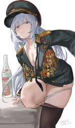 Rule 34 | 1girl, absurdres, alcohol, black necktie, blue eyes, blush, breasts, cleavage, clothes pull, collared shirt, dated, highres, jacket, knees up, large breasts, looking at viewer, military, military jacket, military uniform, necktie, original, panties, panty pull, pantyhose, pantyhose pull, pulling own clothes, sawkm, shirt, signature, simple background, sketch, smile, solo, standing, standing on one leg, thick thighs, thighs, underwear, undone necktie, undressing, uniform, vodka, white background, white hair, white panties, white shirt