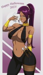 Rule 34 | 1girl, 2023, absurdres, armlet, bleach, bracelet, breasts, cameltoe, cleavage, cosplay, costume, dark-skinned female, dark skin, earrings, english text, fate/grand order, fate (series), female focus, halloween, halloween costume, happy halloween, highres, holding, holding mask, hoop earrings, jewelry, knife, large breasts, long hair, mask, navel, parted lips, ponytail, purple hair, see-through, sheath, sheathed, shihouin yoruichi, smile, solo, standing, stomach, thick thighs, thighs, yellow eyes