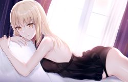Rule 34 | 1girl, artoria pendragon (all), artoria pendragon (fate), ass, backlighting, bare shoulders, black camisole, black panties, blonde hair, blush, breasts, camisole, collarbone, fate/stay night, fate (series), highres, long hair, looking at viewer, lying, meltymaple, on bed, on stomach, pale skin, panties, saber alter, small breasts, underwear, window, yellow eyes