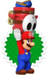 Rule 34 | 1boy, blue eyes, brown hair, carrying overhead, donkey kong (series), facial hair, gloves, holding, hood, hood up, mario, mario (series), mario vs. donkey kong, mask, mustache, nintendo, official art, overalls, serious, shy guy