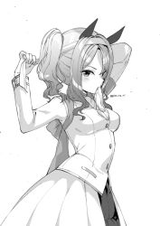Rule 34 | 1girl, animal ears, armband, arms behind head, arms up, blush, breasts, commentary request, glove in mouth, gloves, greyscale, hair intakes, headband, horse ears, jacket, king halo (noble white cheer attire) (umamusume), king halo (umamusume), koruri, long sleeves, looking at viewer, medium breasts, monochrome, mouth hold, pleated skirt, side ponytail, sidelocks, simple background, skirt, solo, twitter username, umamusume, white background