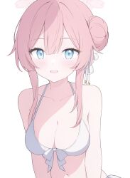 Rule 34 | 1girl, :d, absurdres, bare arms, bare shoulders, bikini, blue archive, blue eyes, blush, breasts, cleavage, collarbone, commentary request, hair between eyes, hair bun, halo, highres, jyt, long hair, looking at viewer, medium breasts, mimori (blue archive), navel, open mouth, pink hair, simple background, single side bun, smile, solo, swimsuit, upper body, white background, white bikini