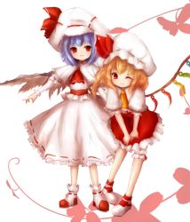 Rule 34 | 2girls, absurdres, adapted costume, amano jack, ascot, bad id, bad pixiv id, bat wings, bent over, capelet, curiosities of lotus asia, dress, flandre scarlet, hat, hat ribbon, highres, long sleeves, looking at viewer, multiple girls, one eye closed, plant, puffy sleeves, red dress, red eyes, red skirt, remilia scarlet, ribbon, sash, shirt, short sleeves, siblings, side ponytail, silhouette, sisters, skirt, smile, touhou, v arms, vines, white dress, wings, wink