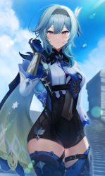 Rule 34 | 1girl, absurdres, blue hair, blue necktie, blue sky, blush, bodystocking, breasts, cape, cloud, cowboy shot, eula (genshin impact), genshin impact, gloves, hairband, half-closed eyes, hand up, highres, leotard, long sleeves, looking at viewer, medium breasts, necktie, sigggrain, sky, smile, solo, thighhighs, thighs, vambraces, yellow eyes