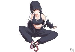 Rule 34 | 1girl, bare shoulders, baseball cap, black hair, black hat, black jacket, black pants, blush, breasts, brown eyes, cleavage, collarbone, dated, full body, hat, highres, idolmaster, idolmaster shiny colors, jacket, long hair, long sleeves, low twintails, mayuzumi fuyuko, medium breasts, myeolchi, nike (company), off shoulder, open clothes, open jacket, pants, photoshop (medium), shoes, signature, sitting, sneakers, solo, sports bra, spread legs, track jacket, twintails, white footwear