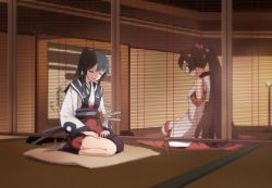 Rule 34 | 10s, 2girls, adapted costume, alternate costume, bad id, bare shoulders, black hair, window blinds, brown hair, detached sleeves, closed eyes, japanese clothes, kantai collection, katana, kisetsu, long hair, multiple girls, ponytail, seiza, single thighhigh, sitting, sword, thighhighs, very long hair, weapon, yahagi (kancolle), yamato (kancolle)