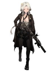 Rule 34 | 1girl, assault rifle, aug (girls&#039; frontline), bad id, bad pixiv id, black coat, black footwear, black gloves, black pants, boots, breasts, bullpup, cleavage, closed mouth, coat, collarbone, commentary, facing viewer, flower, foregrip, full body, girls&#039; frontline, gloves, grey hair, grey tube top, gun, hair flower, hair ornament, hair ribbon, highres, holding, holding gun, holding weapon, holster, ihobus, jewelry, long hair, low ponytail, magazine (weapon), necklace, open clothes, open coat, pants, parted bangs, ribbon, rifle, scope, sidelocks, simple background, smile, solo, steyr aug, strapless, suppressor, thigh strap, tube top, weapon, white background