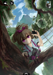 Rule 34 | 1girl, breasts, brown hair, cellphone, checkered clothes, checkered skirt, cleavage, female focus, from above, hat, highres, himekaidou hatate, ilis, in tree, phone, purple eyes, rice paddy, short hair, skirt, small breasts, smile, solo, tokin hat, touhou, tree, twintails, water wheel