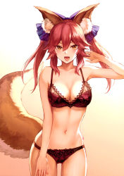 Rule 34 | 1girl, :d, absurdres, animal ear fluff, animal ears, arm up, armpits, bare shoulders, bow, bra, breasts, cleavage, collarbone, cowboy shot, fate/grand order, fate (series), fox ears, fox tail, gradient background, hair between eyes, hair bow, highres, lace trim, lingerie, long hair, mashuu (neko no oyashiro), medium breasts, navel, open mouth, panties, pink bra, pink hair, pink panties, scan, sidelocks, smile, solo, tail, tamamo (fate), tamamo no mae (fate/extra), tsurime, twintails, underwear, underwear only, yellow eyes