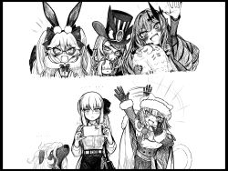 Rule 34 | 5girls, aged down, baobhan sith (fate), baobhan sith (first ascension) (fate), cellphone, cernunnos (fate), character doll, dobrynya nikitich (fate), drill hair, fangs, fate/grand order, fate (series), glasses, gloves, greyscale, hat, koyanskaya (assassin) (second ascension) (fate), koyanskaya (fate), koyanskaya (foreigner) (second ascension) (fate), koyanskaya (lostbelt beast:iv) (fate), monochrome, morgan le fay (fate), multiple girls, phone, ponytail, smartphone, tail, taking picture, tamamo (fate), top hat, tulxe, twintails, waving, woodwose (fate)