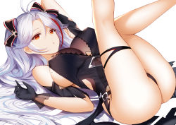 Rule 34 | 1girl, :o, absurdres, alternate costume, an yasuri, antenna hair, arm behind head, ass, azur lane, black bow, black dress, bow, breasts, brown eyes, covered erect nipples, cross, dress, gloves, gold trim, hair between eyes, hair bow, highres, iron cross, large breasts, legs up, long hair, looking at viewer, lying, mole, mole on breast, multicolored hair, on back, prinz eugen (azur lane), prinz eugen (cordial cornflower) (azur lane), red hair, sidelocks, silver hair, smile, solo, streaked hair, thigh strap, thighs, two side up, very long hair