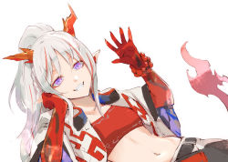 Rule 34 | 1girl, arknights, arm support, bead bracelet, beads, bracelet, breasts, collarbone, e-bushi, flame-tipped tail, grey hair, grin, hand up, high ponytail, highres, horns, jacket, jewelry, long hair, multicolored hair, navel, nian (arknights), open clothes, open jacket, pants, parted bangs, pointy ears, ponytail, purple eyes, red hair, short sleeves, simple background, small breasts, smile, solo, streaked hair, tail, white background, white jacket, white pants, wide sleeves