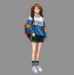 Rule 34 | 1girl, absurdres, bag, blue shorts, brown eyes, brown hair, checkered clothes, checkered legwear, closed mouth, clothes writing, commentary, flat chest, full body, grey background, hairband, highres, jungon kim, long sleeves, looking at viewer, medium hair, multicolored clothes, multicolored legwear, multicolored shirt, orange hairband, original, print shirt, shirt, shoes, shorts, shoulder bag, sneakers, socks, solo, standing, swept bangs, thumb in pocket, twintails, white footwear