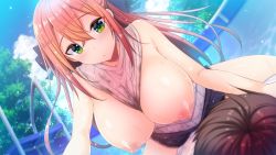 Rule 34 | 1boy, 1girl, amano misaki, between breasts, breasts, breasts out, crossed bangs, day, fisheye, game cg, gotou nao, green eyes, huge breasts, kimi to tsunagaru koi flag, long hair, nipples, official art, outdoors, red hair, solo focus, straddling, water, wet