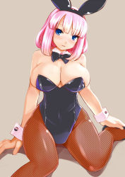 Rule 34 | 1girl, animal ears, bare shoulders, blue eyes, blush, bow, bowtie, breasts, cleavage, detached collar, fake animal ears, fishnet pantyhose, fishnets, huge breasts, lillithlauda, open mouth, original, pantyhose, pink hair, playboy bunny, rabbit ears, short hair, sitting, solo, wariza, wrist cuffs