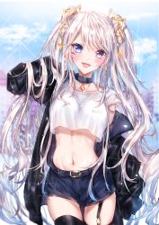Rule 34 | 1girl, :d, absurdres, adjusting hair, arm up, belt, black thighhighs, blue eyes, breasts, choker, cloud, commentary, cowboy shot, crop top, denim, denim shorts, earrings, facial mark, fang, garter straps, hair between eyes, hair ornament, heterochromia, highres, jacket, jewelry, kity1211 tetsu, long hair, looking at viewer, medium breasts, navel, off shoulder, open clothes, open jacket, open mouth, original, outdoors, red eyes, short shorts, shorts, silver hair, sky, smile, solo, standing, stomach, symbol-only commentary, thigh gap, thighhighs, twintails, very long hair