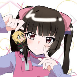 Rule 34 | 2girls, akatsuki kirika, black footwear, black hair, blonde hair, blush, chibi, closed mouth, dress, eyebrows hidden by hair, full body, green eyes, green sweater, hair ribbon, highres, long bangs, long hair, looking at another, looking at viewer, mini person, minigirl, multiple girls, pink eyes, pink ribbon, pink shirt, purple dress, red sweater, ribbon, senki zesshou symphogear, shirt, simple background, smile, sweater, thighhighs, triangle mouth, tsukuyomi shirabe, twintails, two-tone sweater, upper body, user tdry5772, white thighhighs