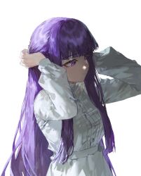Rule 34 | 1girl, absurdres, dress, eyelashes, fern (sousou no frieren), hair ornament, half updo, hands up, highres, long hair, long sleeves, looking ahead, purple eyes, purple hair, quasarcake, simple background, solo, sousou no frieren, tying hair, upper body, white background, white dress