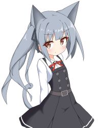 Rule 34 | 1girl, animal ears, black dress, black ribbon, blush, brown eyes, cat ears, closed mouth, collared shirt, commentary request, dress, dress shirt, grey hair, hair ribbon, highres, ichi (ichi.colors), kantai collection, kasumi (kancolle), kemonomimi mode, long hair, looking at viewer, neck ribbon, pinafore dress, pleated dress, red ribbon, ribbon, shirt, side ponytail, sidelocks, simple background, sleeveless, sleeveless dress, solo, white background, white shirt