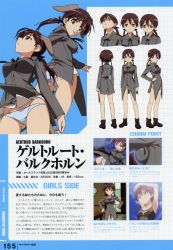 Rule 34 | 00s, 1girl, absurdres, animal ears, ass, breasts, brown eyes, brown hair, character sheet, dog ears, dog tail, gertrud barkhorn, highres, huge filesize, large breasts, long hair, looking back, military, military uniform, multiple views, panties, ribbon, strike witches, tail, translation request, turnaround, twintails, underwear, uniform, world witches series