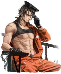 Rule 34 | abs, absurdres, anjingkuxiao, beard, black gloves, black hair, clothes lift, facial hair, gloves, hat, unworn hat, unworn headwear, highres, jumpsuit, male focus, mature male, muscular, muscular male, nipples, open clothes, original, pectorals, prisoner, pubic hair, pubic hair peek, restrained, scar, scar on face, scar on nose, shirt lift, short hair, signature, sitting, tank top, whip, white background