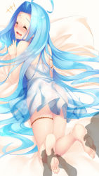 Rule 34 | 1boy, 1girl, ahoge, ass, bare shoulders, barefoot, bed sheet, blue hair, blush, chemise, closed eyes, disembodied hand, feet, feet up, tickling feet, from behind, full body, granblue fantasy, hand up, hetero, highres, laughing, licking, licking foot, long hair, lying, lyria (granblue fantasy), nose blush, notice lines, on stomach, open mouth, see-through, smile, solo focus, tickling, tongue, tongue out, unosuke, very long hair, x-ray