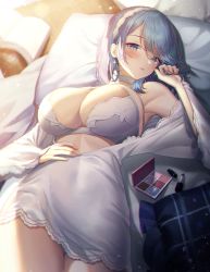 Rule 34 | 1girl, absurdres, azur lane, bad id, bad pixiv id, bed sheet, blue eyes, blue hair, blush, bra, breasts, chapayev (azur lane), chapayev (white cavalier&#039;s respite) (azur lane), choker, cleavage, dress, earrings, hairband, highres, huge filesize, jewelry, large breasts, lipstick, looking at viewer, lying, makeup, meoyo, official alternate costume, on back, open mouth, pillow, short hair, solo, star (symbol), star earrings, underwear, white bra, white dress, white hairband