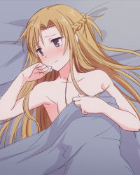 Rule 34 | 10s, 1girl, asuna (sao), blush, brown eyes, brown hair, covering privates, embarrassed, hand to own mouth, hyakuen raitaa, long hair, nude cover, on bed, solo, sword art online, tears