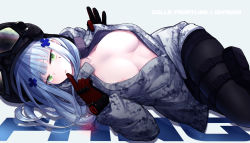 Rule 34 | 1girl, areola slip, black headwear, black pantyhose, blue hair, blunt bangs, breasts, breasts apart, copyright name, cross hair ornament, facial mark, fang hk416 (girls frontline), finger to mouth, girls&#039; frontline, gloves, goggles, goggles on headwear, green eyes, grey background, grey jacket, hair ornament, helmet, highres, hk416 (fang) (girls&#039; frontline), hk416 (girls&#039; frontline), jacket, long hair, long sleeves, looking at viewer, lying, medium breasts, mishima hiroji, no bra, on side, open clothes, open jacket, pantyhose, parted lips, partially unzipped, red gloves, simple background, smile, solo, tom clancy&#039;s the division