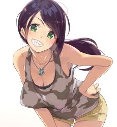 Rule 34 | 1girl, breasts, camouflage, camouflage shirt, cleavage, collarbone, commentary request, cowboy shot, dog tags, downblouse, green eyes, grin, hand on own hip, idolmaster, idolmaster cinderella girls, kawaty, leaning forward, long hair, looking at viewer, medium breasts, purple hair, shirt, short shorts, shorts, simple background, smile, solo, tank top, white background, yamato aki