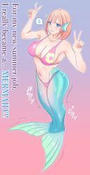 Rule 34 | 1girl, absurdres, bikini, blue background, blue eyes, breasts, cleavage, collarbone, commentary request, english text, fins, full body, gradient background, head fins, highres, kiria021, large breasts, mermaid, monster girl, monsterification, navel, orange hair, original, pink bikini, red background, revision, scales, short hair, solo, spoken sweatdrop, standing, sweatdrop, swimsuit, transformation