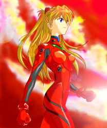 Rule 34 | arms at sides, blue eyes, blurry, cloud, cowboy shot, depth of field, from side, frown, lens flare, long hair, neon genesis evangelion, nyaoki, orange hair, plugsuit, solo, souryuu asuka langley, standing, sunlight, sunset, two side up, v-shaped eyebrows