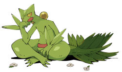 Rule 34 | colored sclera, colored skin, creatures (company), elbow on knee, game freak, gen 3 pokemon, green skin, green tail, hand on own face, highres, mashita. (mentaiko omoti), nintendo, pokemon, pokemon (creature), sceptile, simple background, sitting, solo, white background, yellow sclera