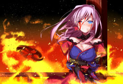Rule 34 | 1girl, bare shoulders, blood, blood on face, blue eyes, blush, breasts, cleavage, detached sleeves, earrings, fate/grand order, fate (series), fire, guro, hair down, hair ornament, highres, injury, jewelry, long hair, looking at viewer, medium breasts, miyamoto musashi (fate), one eye closed, pink hair, rshow, sheath, smile, solo, unworn hair ornament