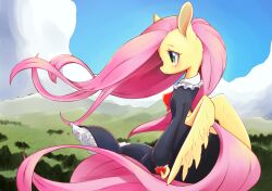 1girl alternate_eye_color animal_ears black_dress blush bow cloud commentary day dress feathered_wings fluttershy frilled_dress frills furry furry_female green_eyes highres horse_ears horse_girl horse_tail long_hair long_sleeves my_little_pony my_little_pony:_friendship_is_magic outdoors personification pink_hair red_bow solo standing tail tree uno_usaya very_long_hair wings