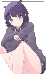 Rule 34 | 1girl, absurdres, black shorts, blue eyes, blush, breasts, closed mouth, highres, hololive, hololive english, hood, hoodie, kanadeho, looking at viewer, ninomae ina&#039;nis, ninomae ina&#039;nis (loungewear), parted bangs, pixie cut, pointy ears, purple hair, purple hood, purple hoodie, short hair, short shorts, shorts, small breasts, smile, solo, swept bangs, virtual youtuber
